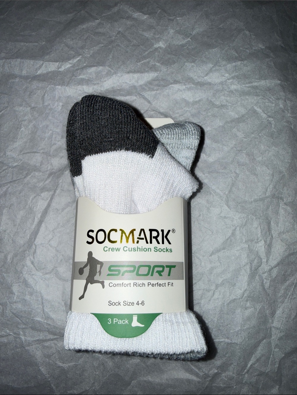 SOCMARK White Crew Athletic Socks with Gray Accents - 3 Pack